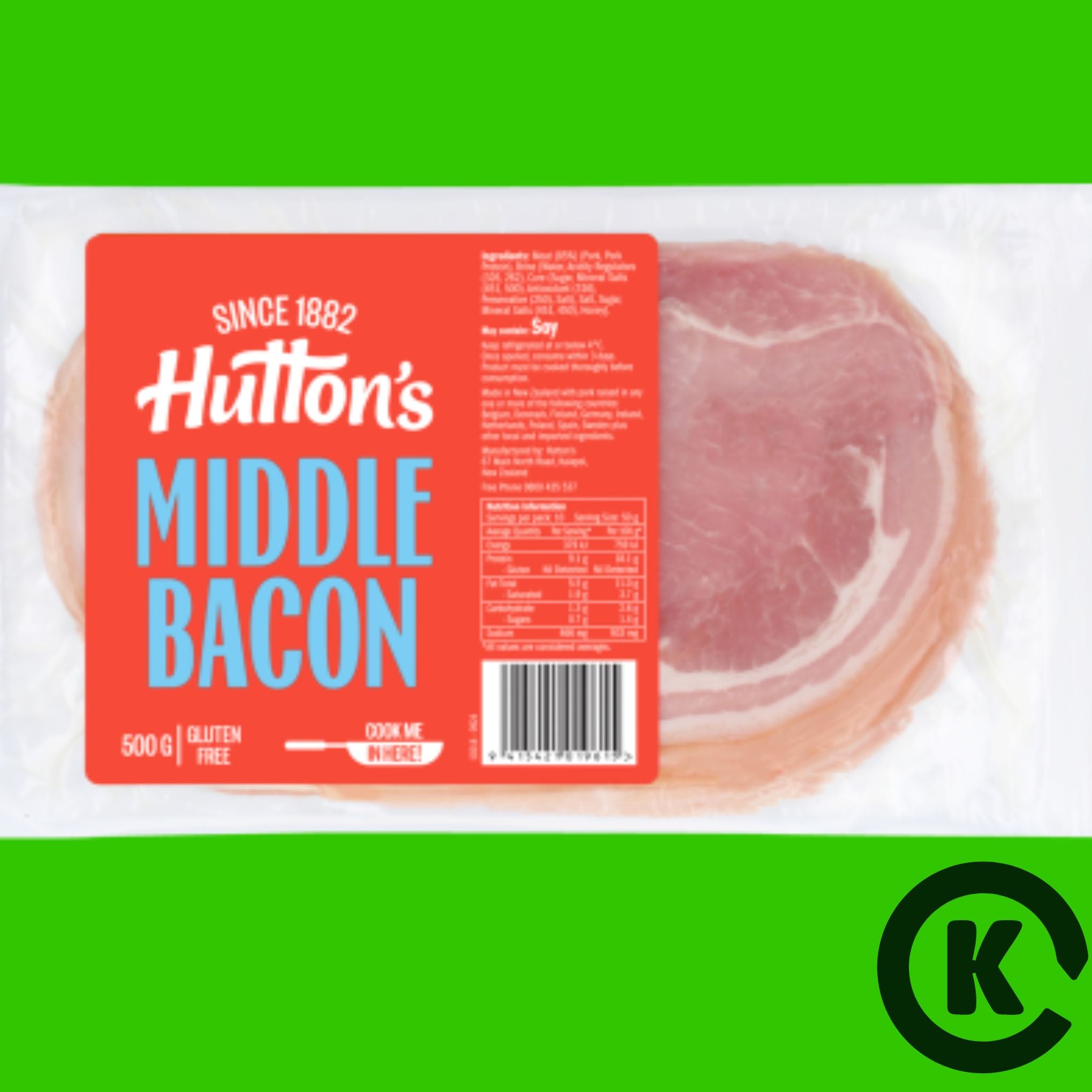 Huttons Middle Bacon 500gm $7.99ea